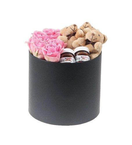 Yuvarlak Büyük Siyah Kutuda Nutella ve Ayıcıklı Pembe Gül